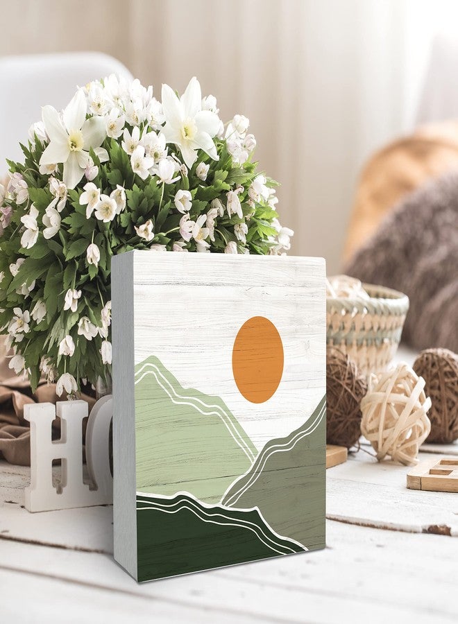 SRADMO Abstract Boho Sun Green Mountains Wood Box Sign Desk Decor, Bohemian Nature Landscape Wooden Block Box Sign Decoration For Home Office Shelf Table Decor - Image 3